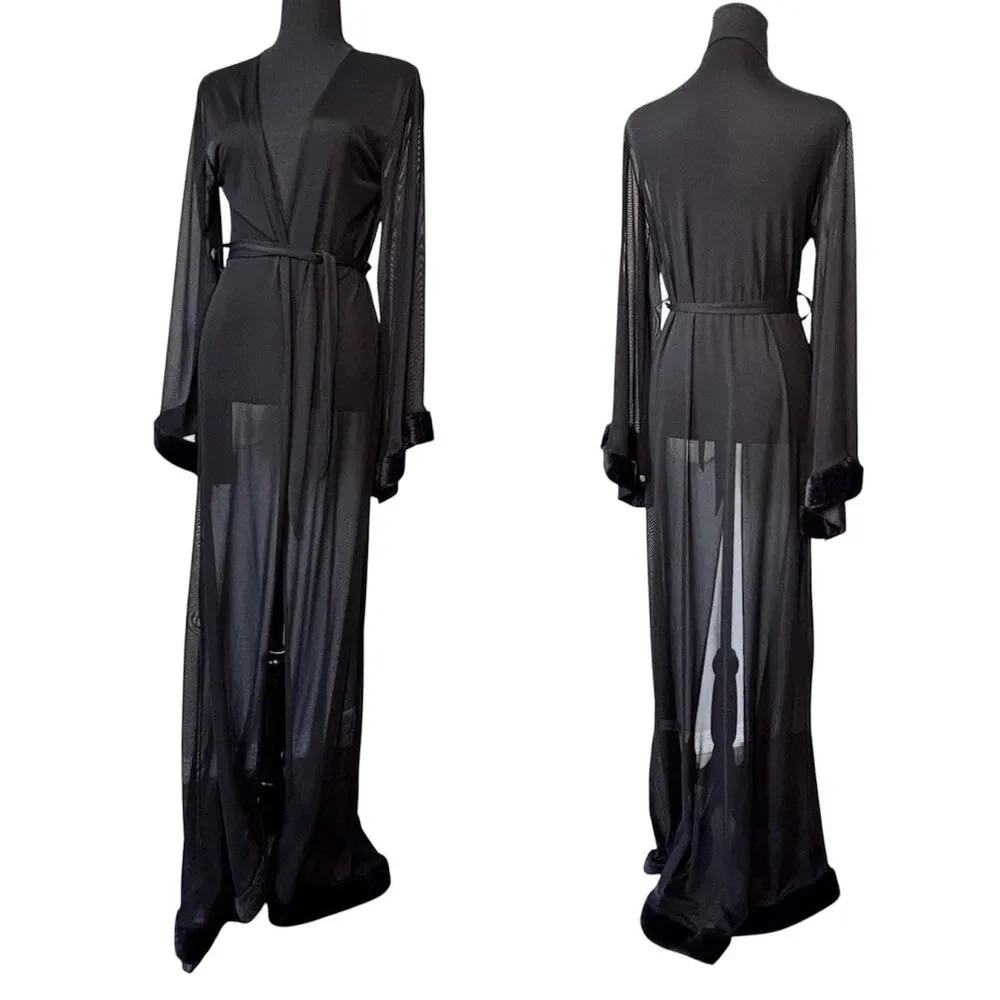 LEG AVENUE Black Sheer Duster Robe Faux Fur Border Sleeves And Hem Size S/M